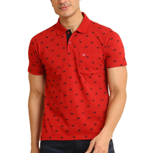 Amfyn Men's Casual Cotton Printed Polo Neck Half Sleeve T-Shirt (Red)