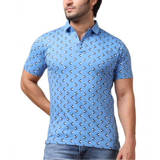 Amfyn Men's Casual Cotton Printed Polo Neck Half Sleeve T-Shirt (Blue)