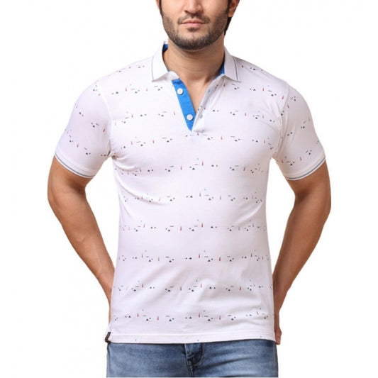 Amfyn Men's Casual Cotton Printed Polo Neck Half Sleeve T-Shirt (White)