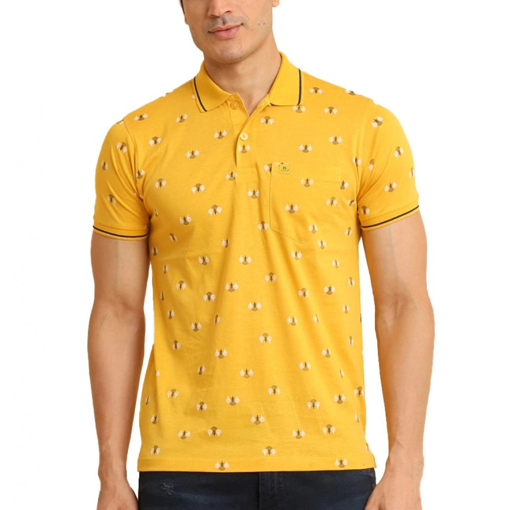Amfyn Men's Casual Cotton Printed Polo Neck Half Sleeve T-Shirt (Mustard)