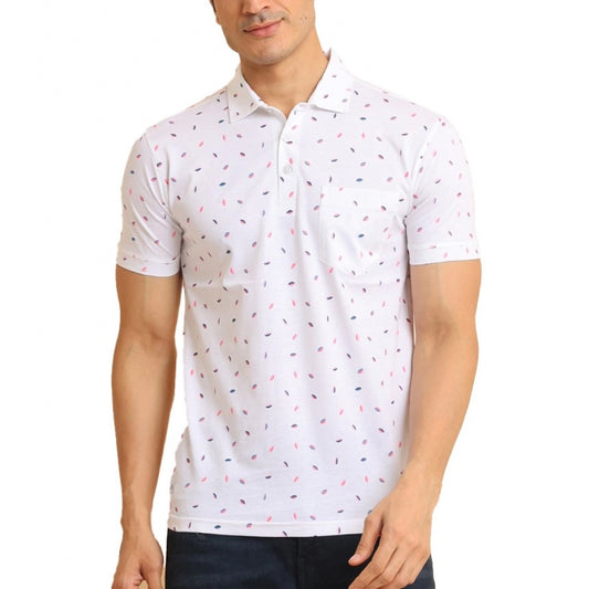 Amfyn Men's Casual Cotton Printed Polo Neck Half Sleeve T-Shirt (White)