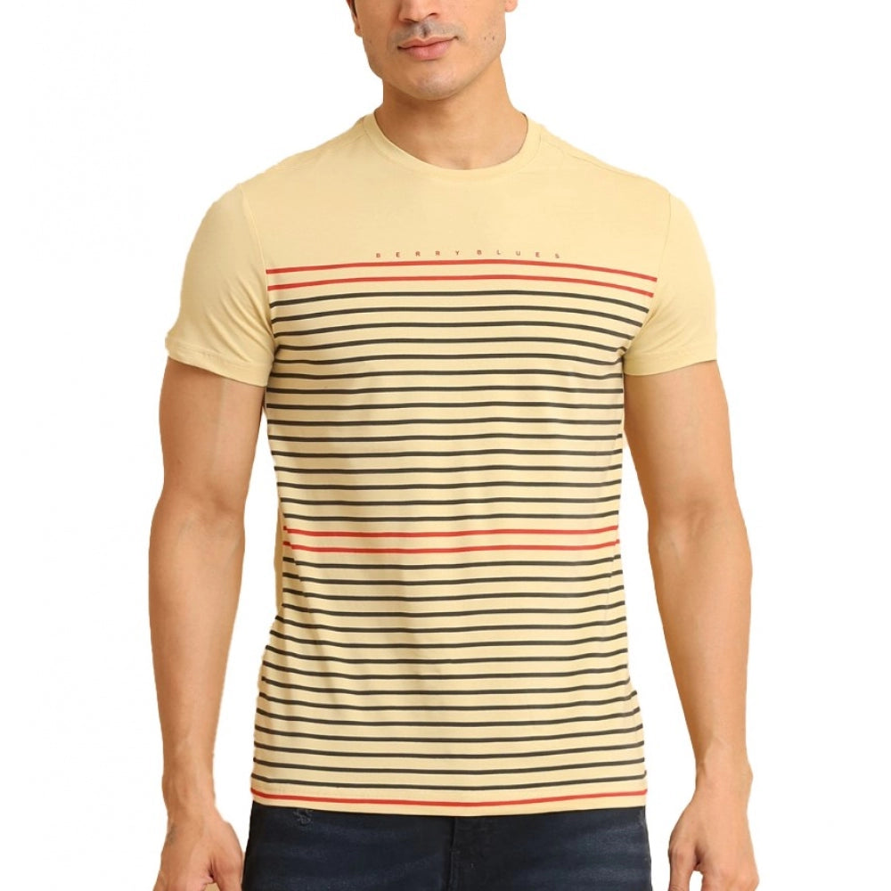 Amfyn Men's Casual Cotton Printed Round Neck Half Sleeve T-Shirt (Beige)