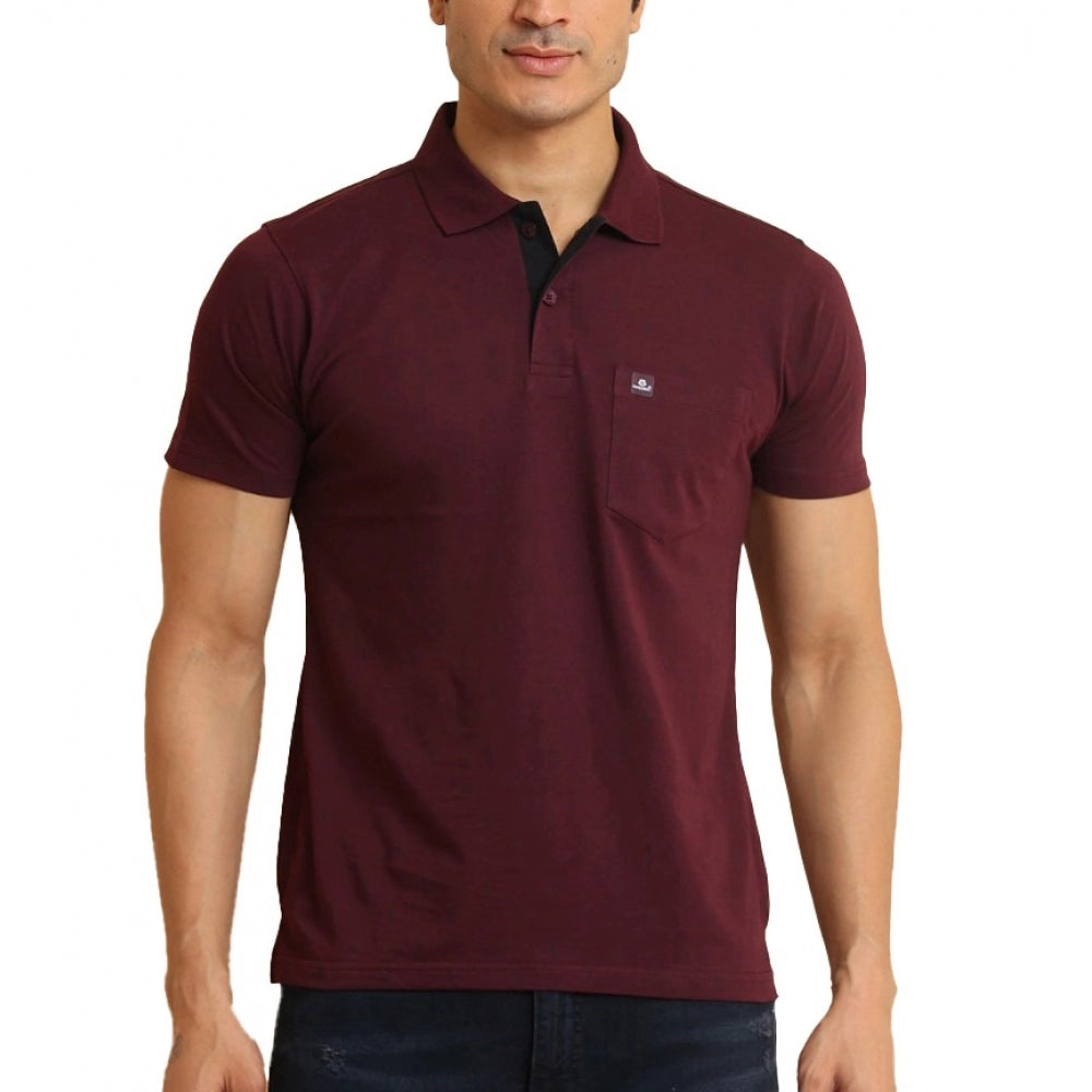 Amfyn Men's Casual Cotton Printed Polo Neck Half Sleeve T-Shirt (Wine)