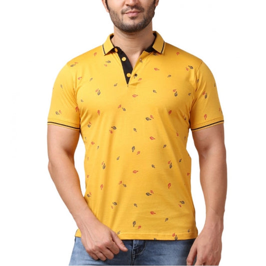 Amfyn Men's Casual Cotton Printed Polo Neck Half Sleeve T-Shirt (Mustard)