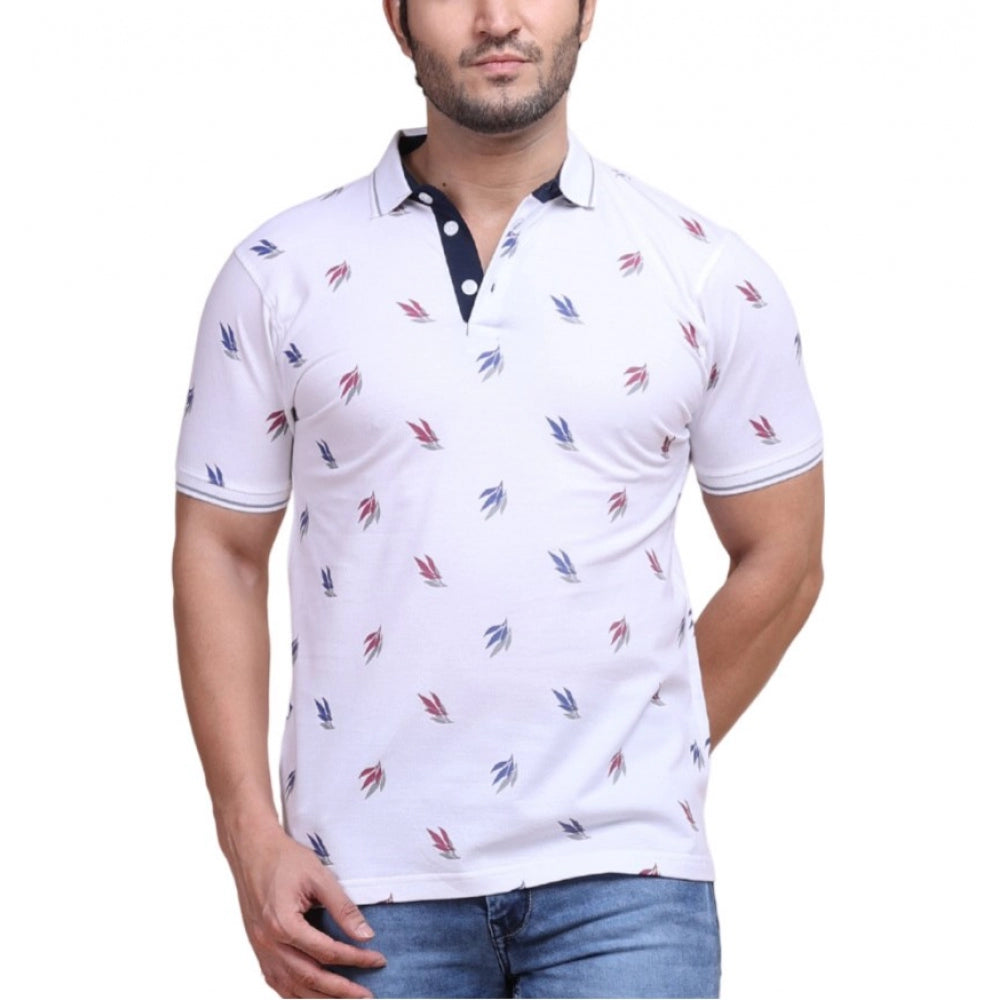 Amfyn Men's Casual Cotton Printed Polo Neck Half Sleeve T-Shirt (White)