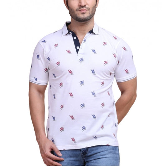 Amfyn Men's Casual Cotton Printed Polo Neck Half Sleeve T-Shirt (White)