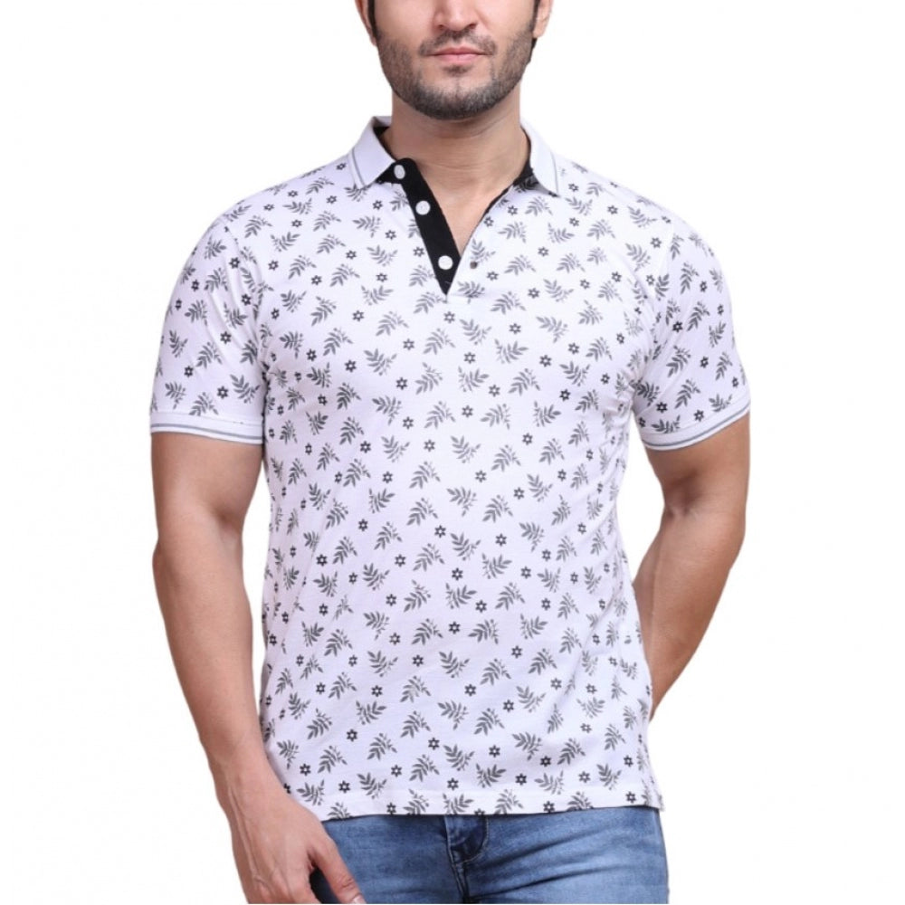 Amfyn Men's Casual Cotton Printed Polo Neck Half Sleeve T-Shirt (White)
