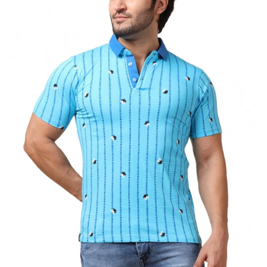 Amfyn Men's Casual Cotton Printed Polo Neck Half Sleeve T-Shirt (Skyblue)