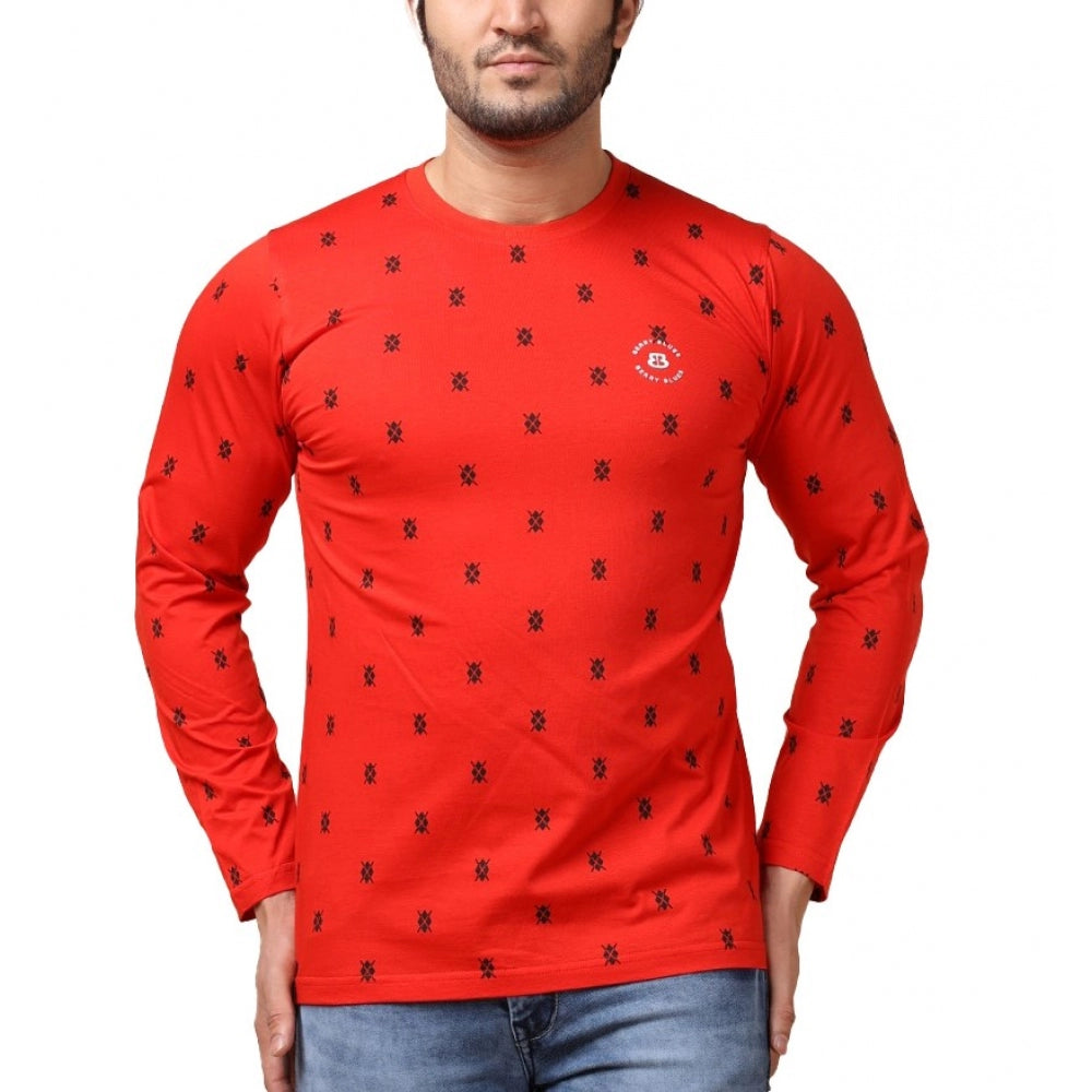 Amfyn Men's Casual Cotton Printed Round Neck Full Sleeve T-Shirt (Red)