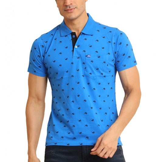 Amfyn Men's Casual Cotton Printed Polo Neck Half Sleeve T-Shirt (Blue)