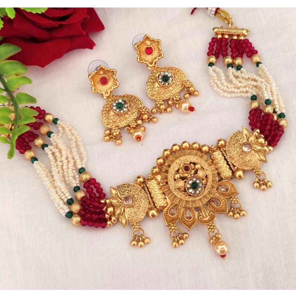 Amfyn Women's Gold Plated Choker Necklace And Earring Set (Multicolor)