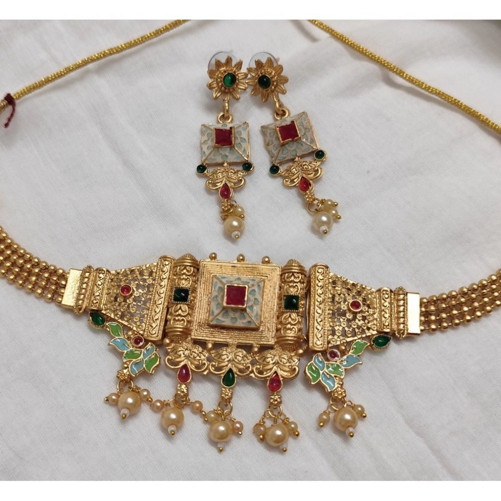 Amfyn Women's Gold Plated Meenakari Necklace And Earring Set (Multicolor)