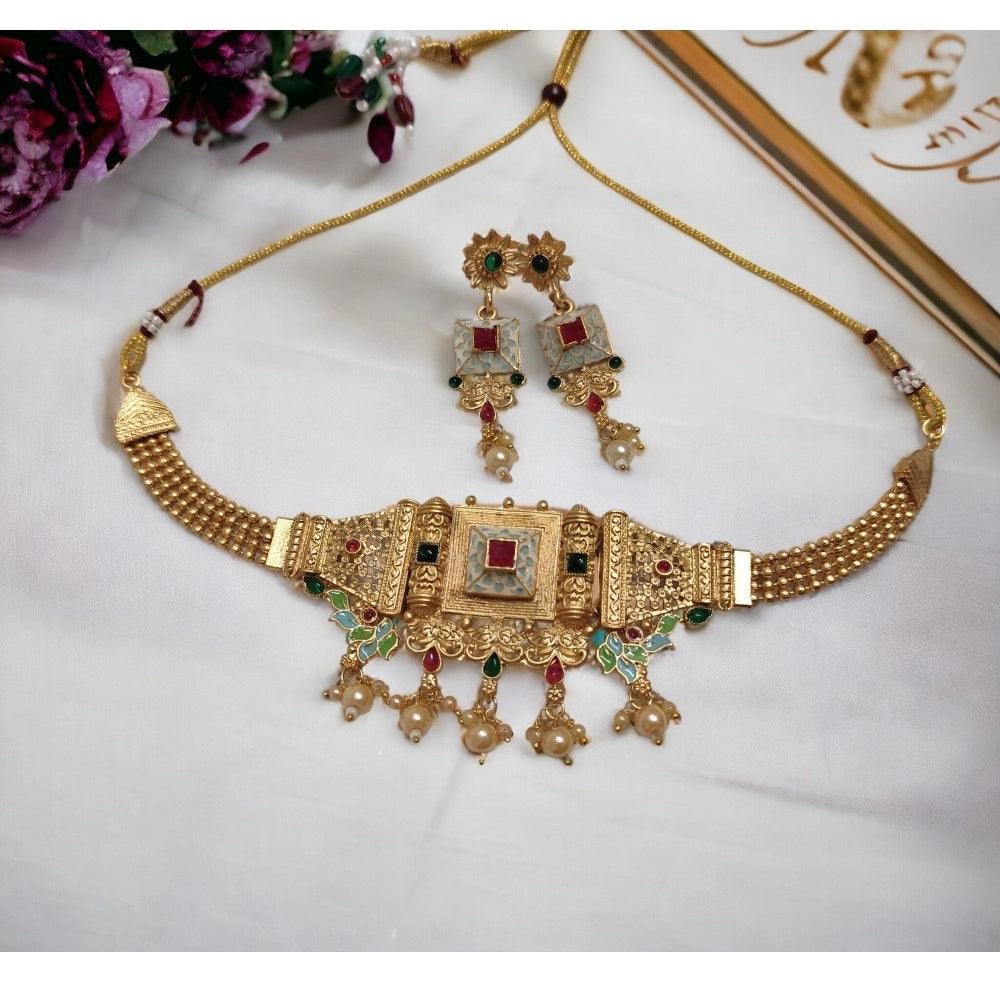Amfyn Women's Gold Plated Meenakari Necklace And Earring Set (Multicolor)