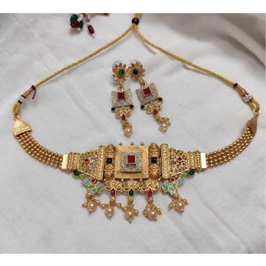 Amfyn Women's Gold Plated Meenakari Necklace And Earring Set (Multicolor)