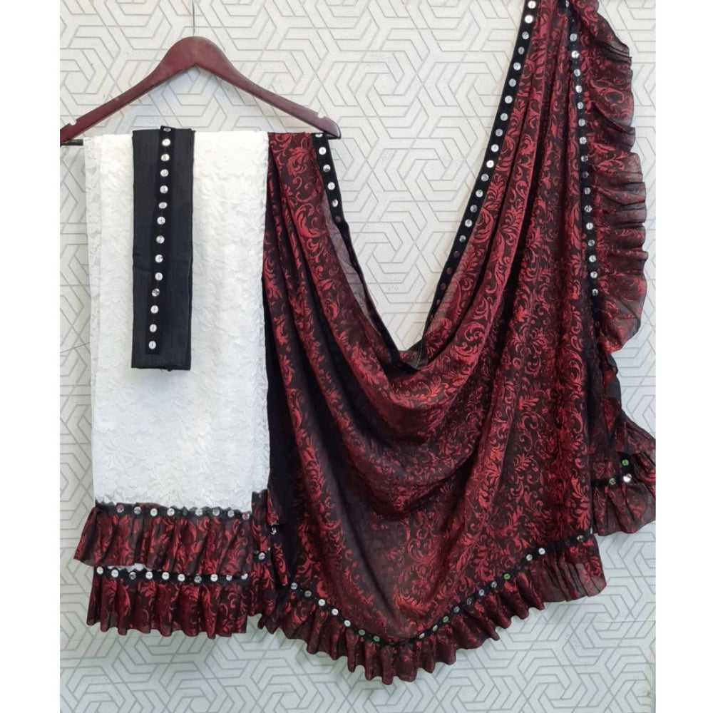 Amfyn Women's Silk With Mirror Lace Solid Saree With Unstitched Blouse (Red, 5-5 Mtrs)