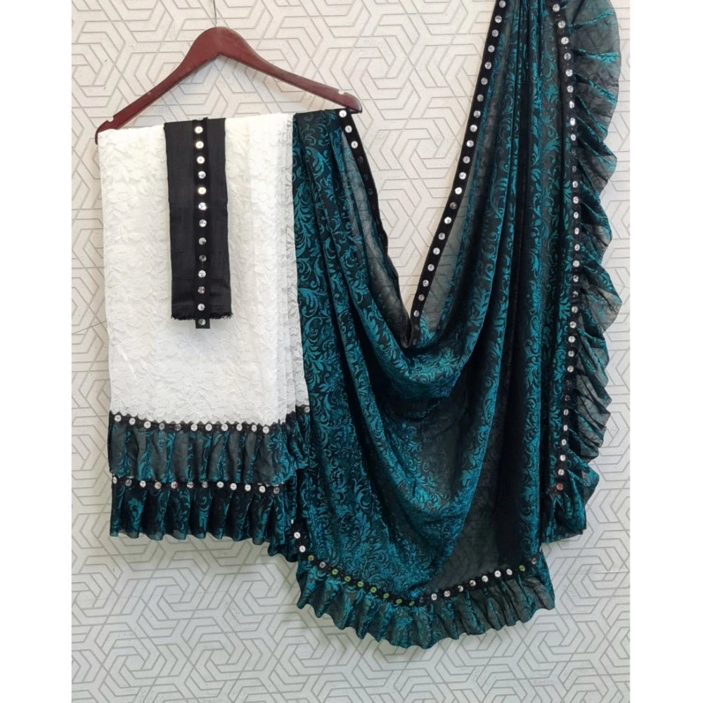 Amfyn Women's Silk With Mirror Lace Solid Saree With Unstitched Blouse (Rama, 5-5 Mtrs)