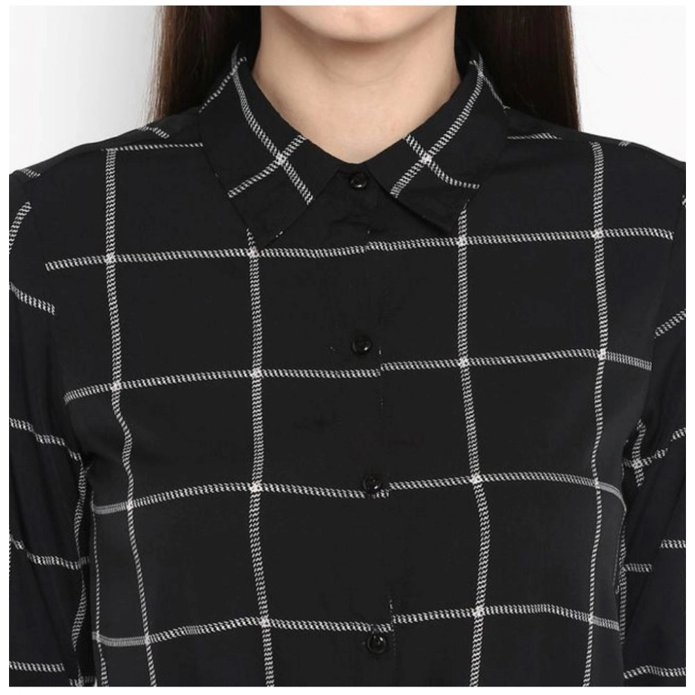 Amfyn Women's Polyester Checkered Roll Up Sleeve Above Knee Dress (Black - White)