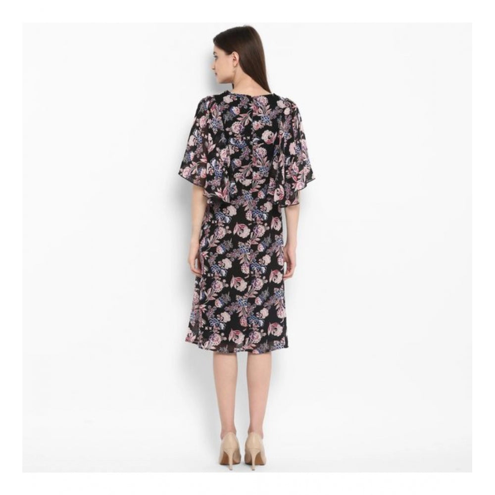 Amfyn Women's Polyester Floral Short Sleeve Knee-Length Dress (Black - Multicolor)