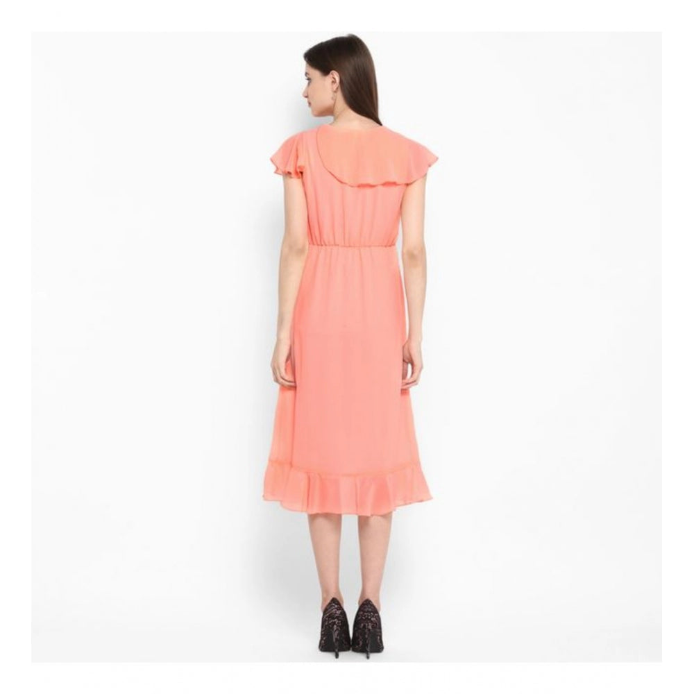 Amfyn Women's Polyester Ruffled Cap Sleeve Below Knee Dress (Neon Pink)