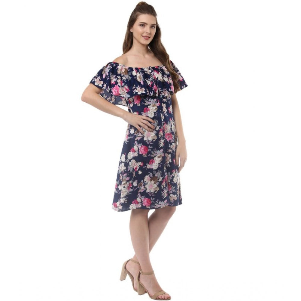 Amfyn Women's Polyester Crepe Floral Half Sleeve Above Knee Dress (Navy Blue)