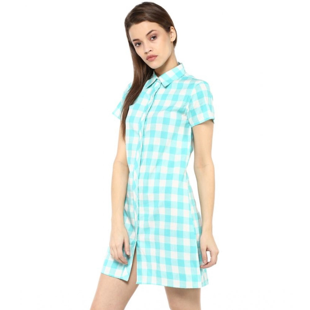 Amfyn Women's Rayon Checkered Short Sleeve Above Knee Dress (SkuBlue - White)