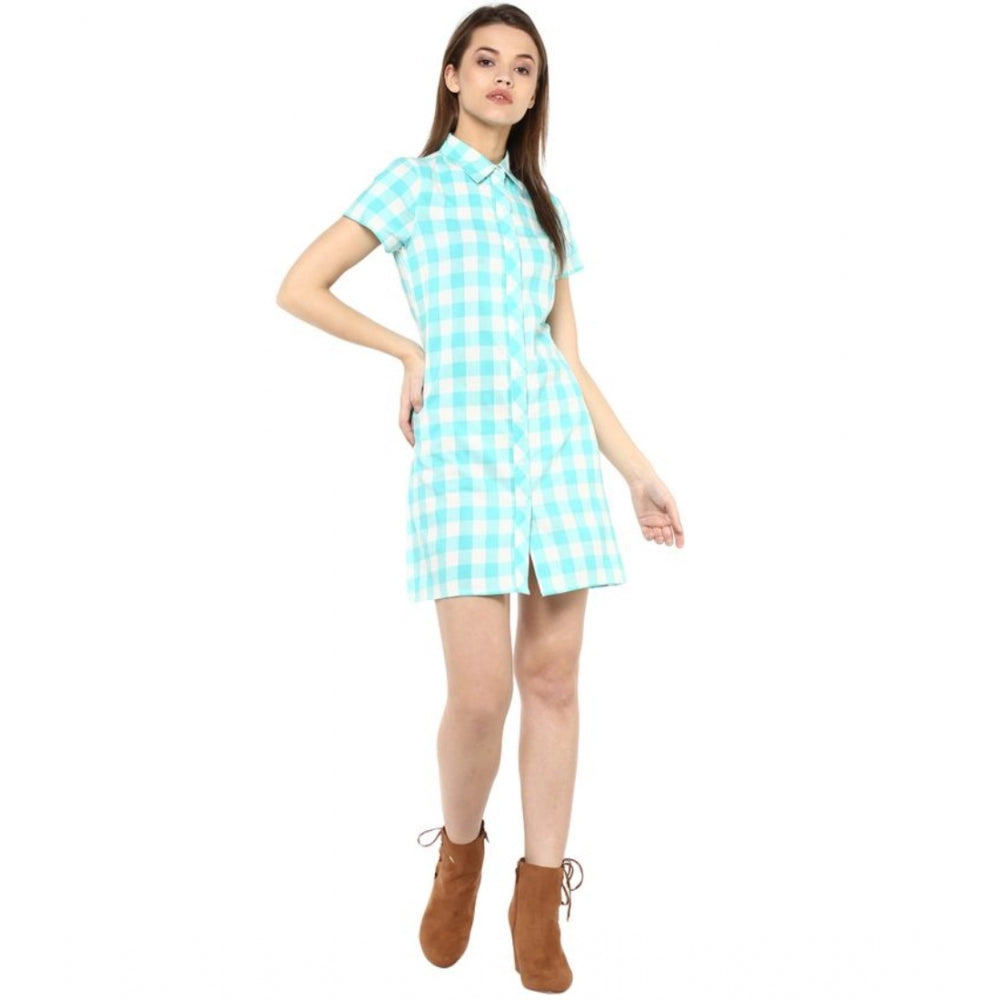 Amfyn Women's Rayon Checkered Short Sleeve Above Knee Dress (SkuBlue - White)