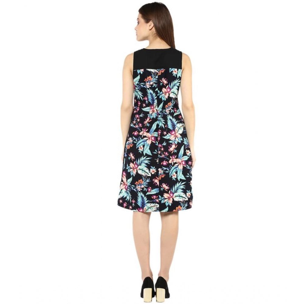 Amfyn Women's Polyester Printed Sleeveless Above Knee Dress (Black - Multicolor)