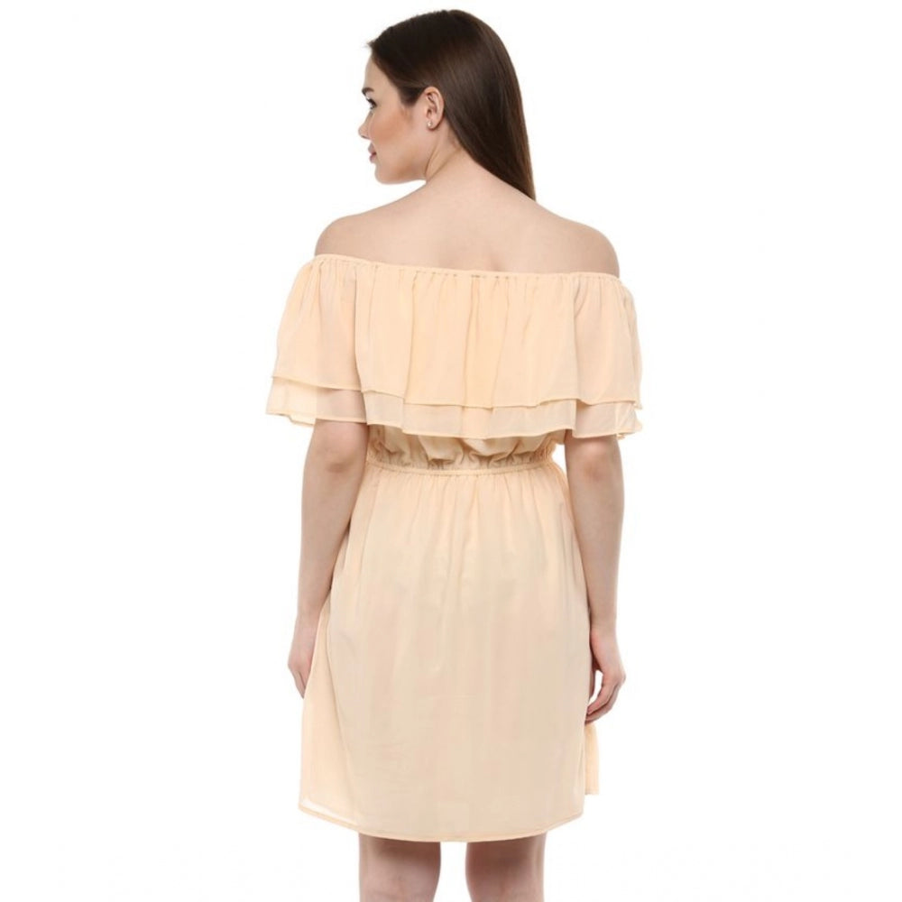 Amfyn Women's Polyester Solid Sleeveless Knee-Length Dress (Beige)