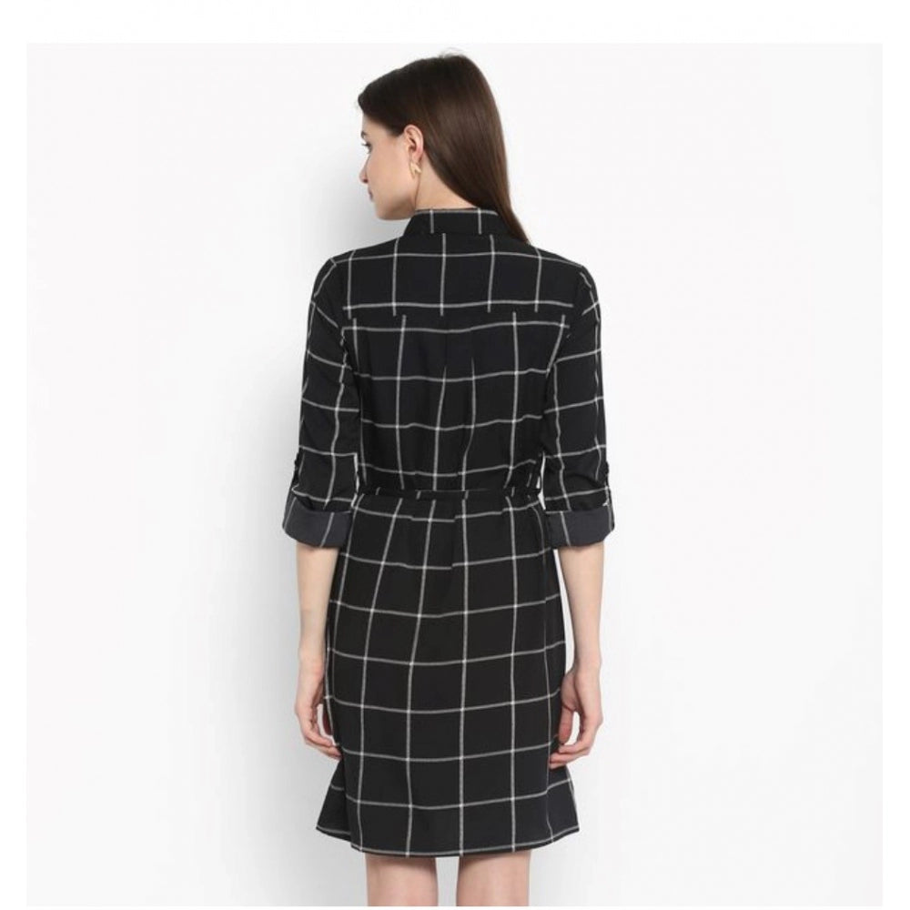 Amfyn Women's Polyester Checkered Roll Up Sleeve Above Knee Dress (Black - White)
