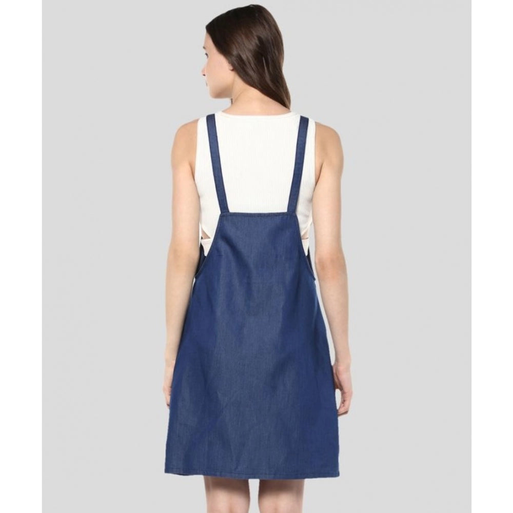 Amfyn Women's Denim Solid Shoulder Straps Above Knee Dress (Blue)