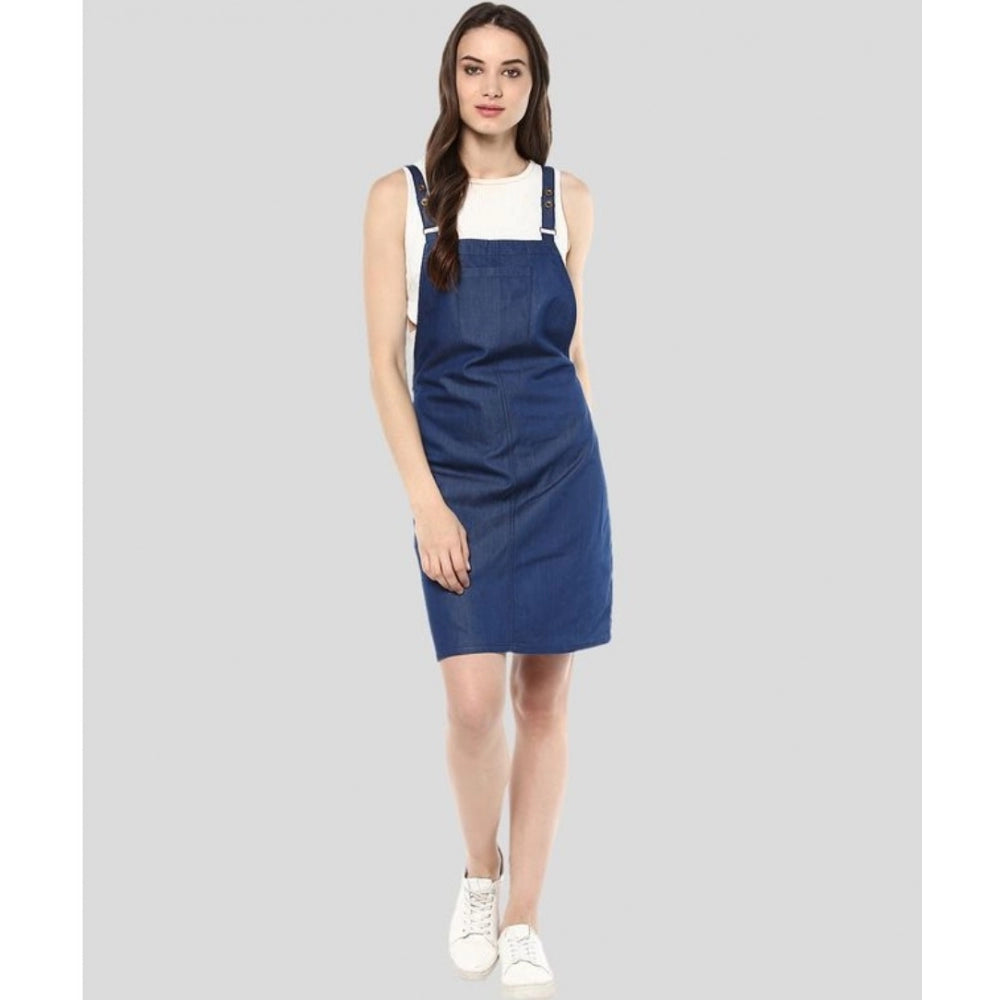 Amfyn Women's Denim Solid Shoulder Straps Above Knee Dress (Blue)