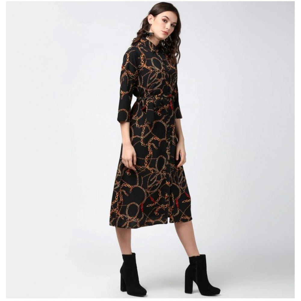 Amfyn Women's Polyester Chain Print Roll Up Sleeve Below Knee Dress (Black - Yellow)