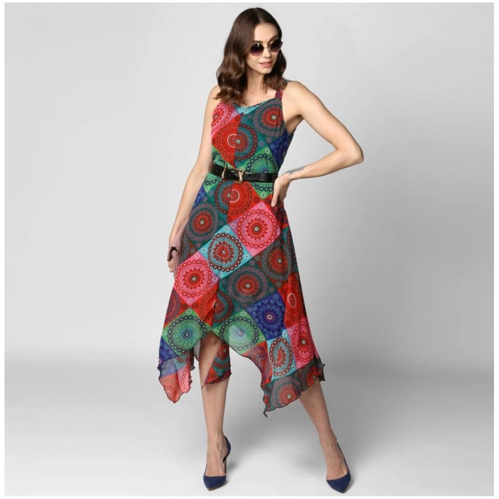 Amfyn Women's Polyester Asymmetrical Shoulder Straps Knee-Length Dress (Multicolor)