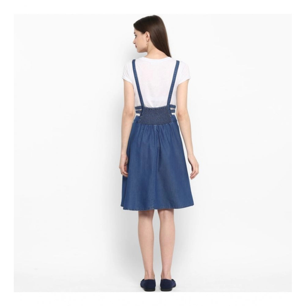 Amfyn Women's Denim Solid Shoulder Straps Below Knee Dress (Blue)