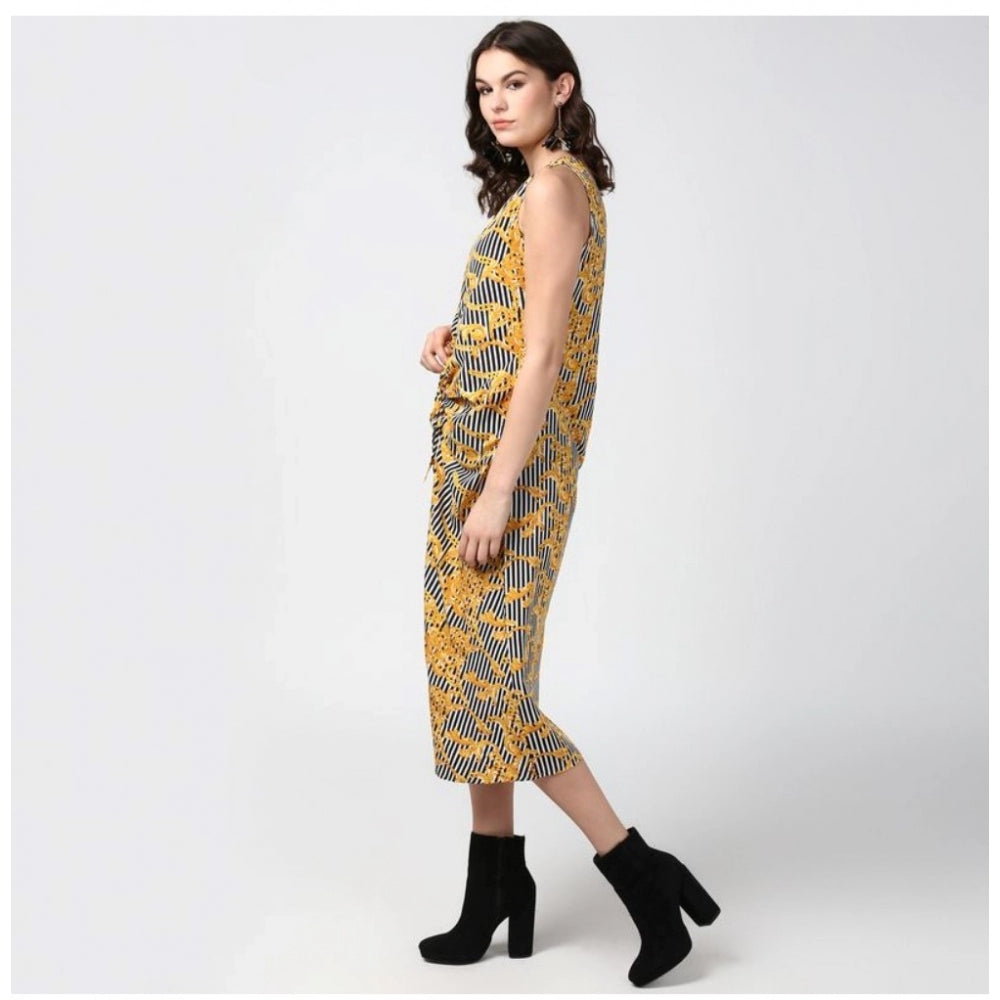 Amfyn Women's Polyester Chain Print Sleeveless Below Knee Dress (Yellow - Black)