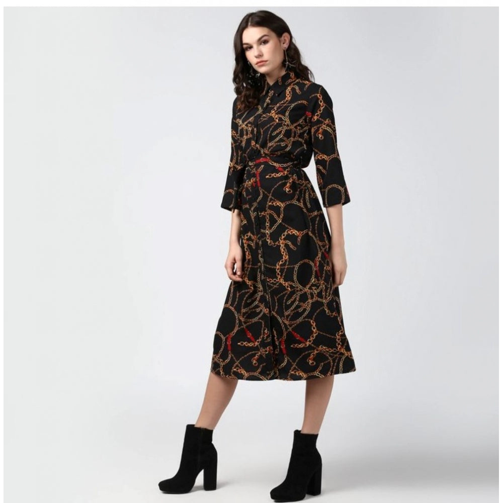 Amfyn Women's Polyester Chain Print Roll Up Sleeve Below Knee Dress (Black - Yellow)