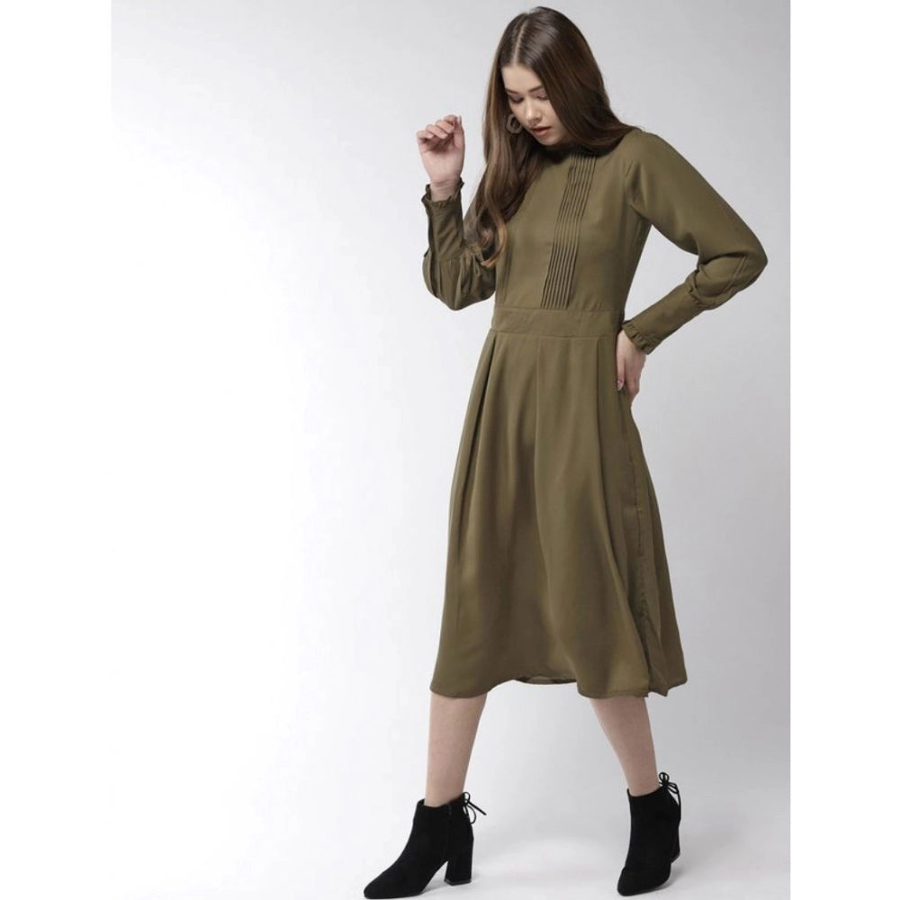 Amfyn Women's Polyester Pintuck Long Sleeves Below Knee Dress (Olive)