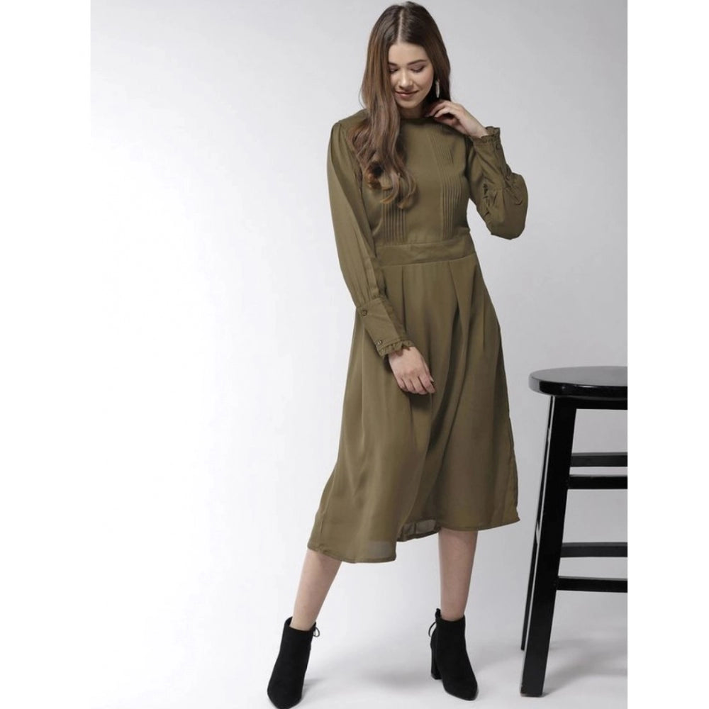 Amfyn Women's Polyester Pintuck Long Sleeves Below Knee Dress (Olive)