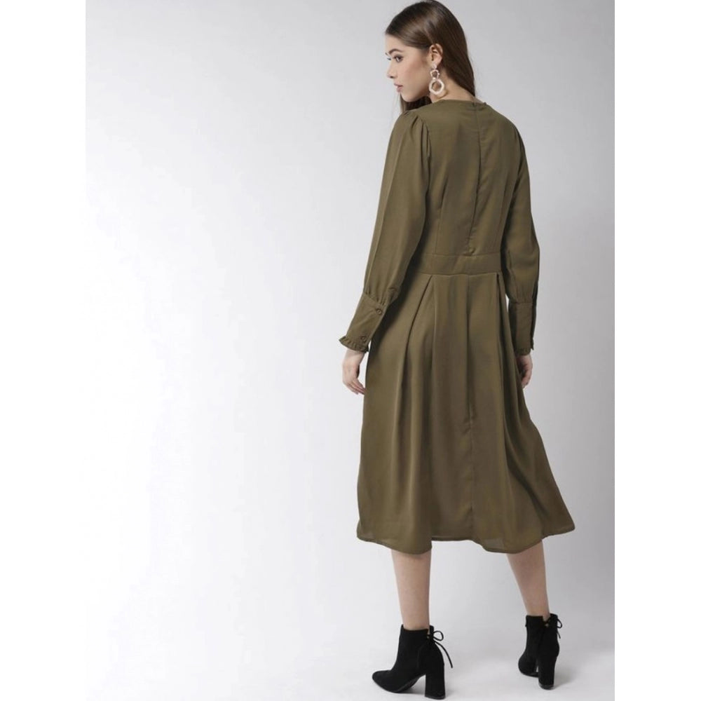 Amfyn Women's Polyester Pintuck Long Sleeves Below Knee Dress (Olive)