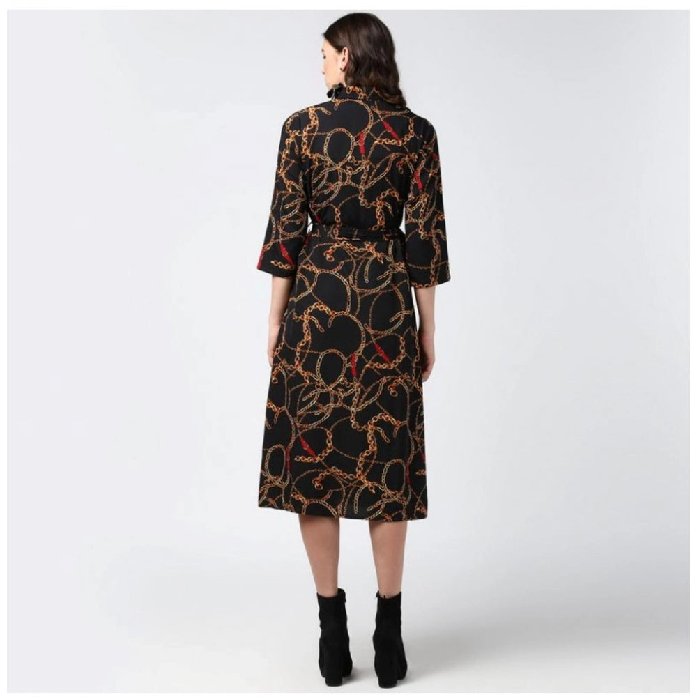 Amfyn Women's Polyester Chain Print Roll Up Sleeve Below Knee Dress (Black - Yellow)