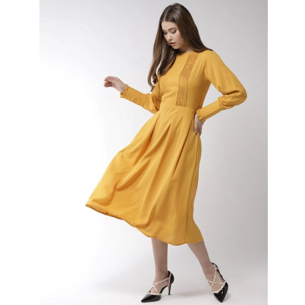 Amfyn Women's Polyester Pintuck Long Sleeves Below Knee Dress (Yellow)