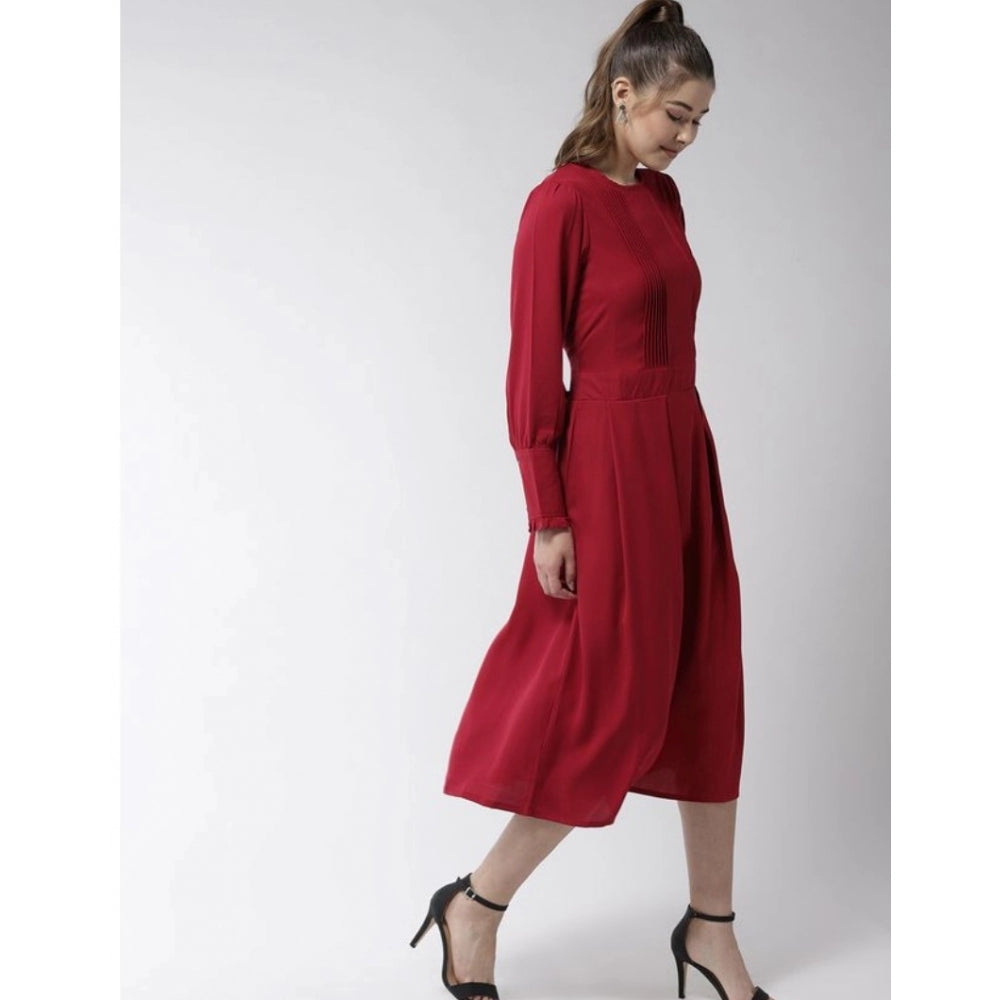 Amfyn Women's Polyester Pintuck Long Sleeves Below Knee Dress (Red)