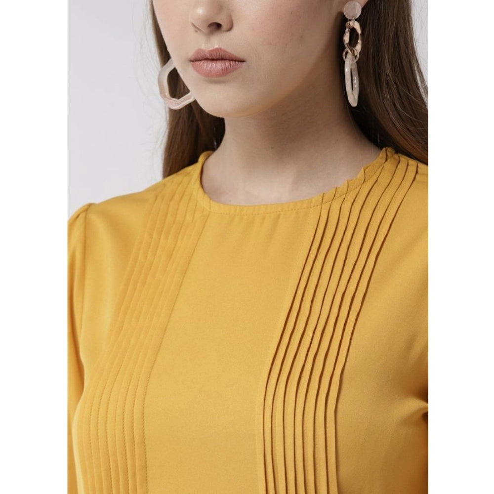 Amfyn Women's Polyester Pintuck Long Sleeves Below Knee Dress (Yellow)