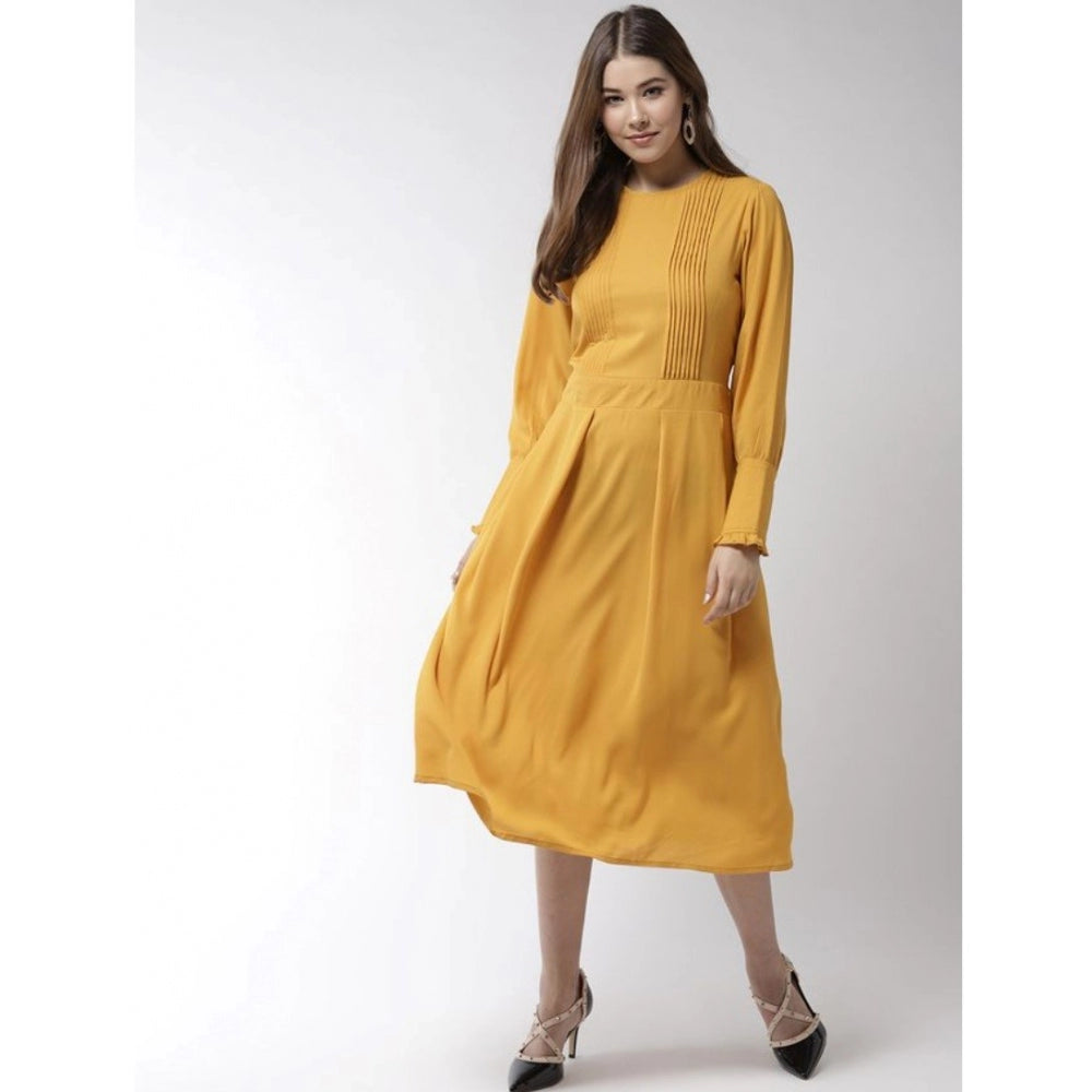 Amfyn Women's Polyester Pintuck Long Sleeves Below Knee Dress (Yellow)