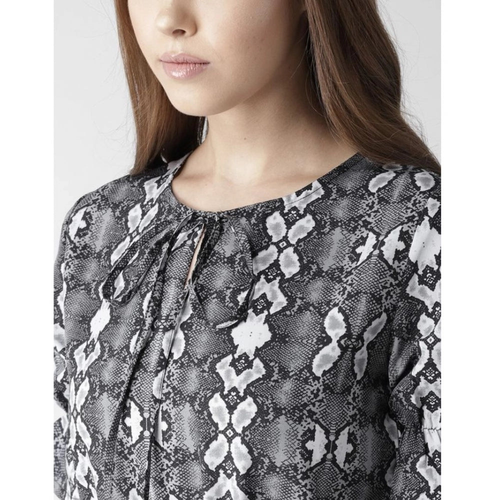 Amfyn Women's Polyester Animal Print Short Sleeve Knee-Length Dress (Black - White)