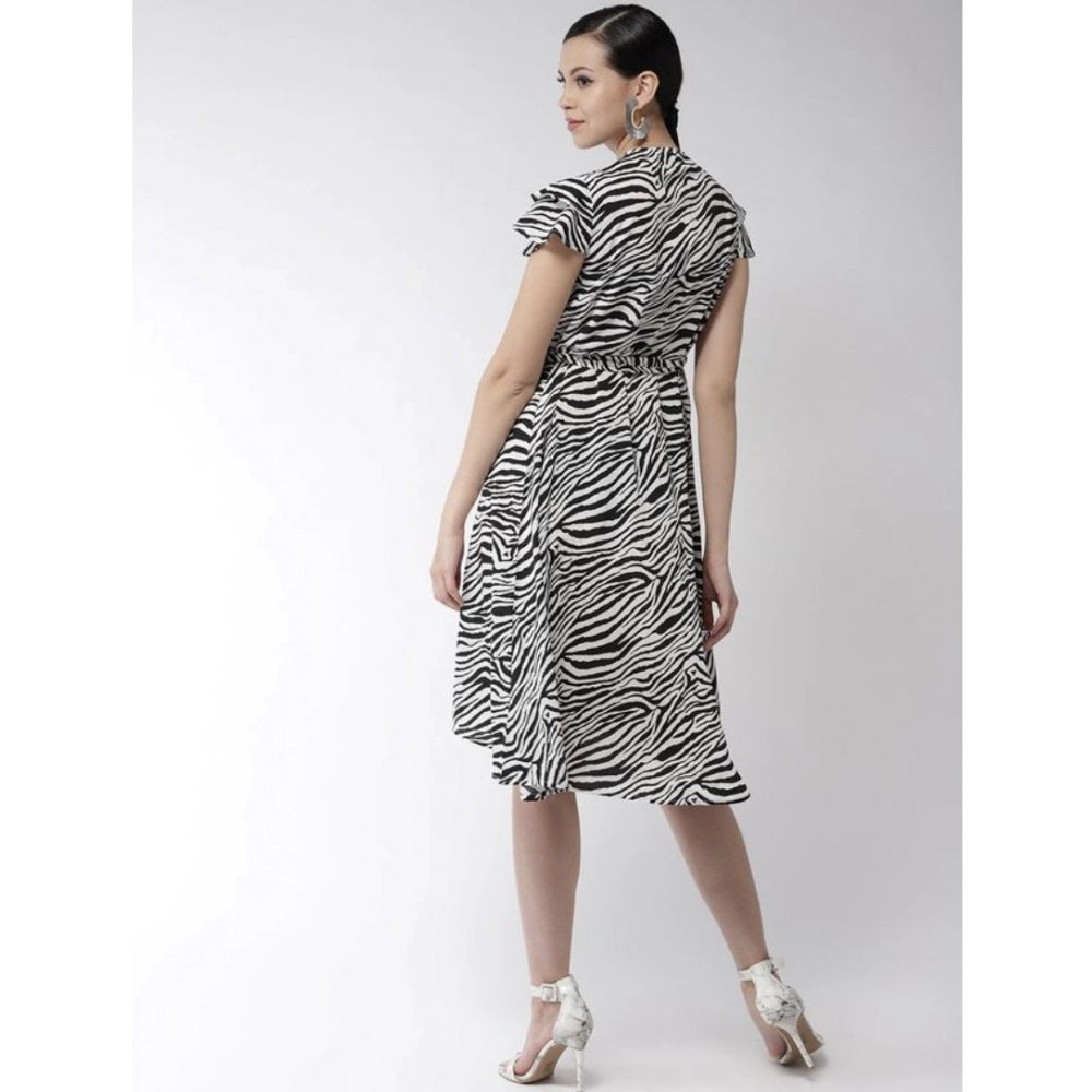 Amfyn Women's Polyester Animal Print Short Sleeve Knee-Length Dress (Black - White)