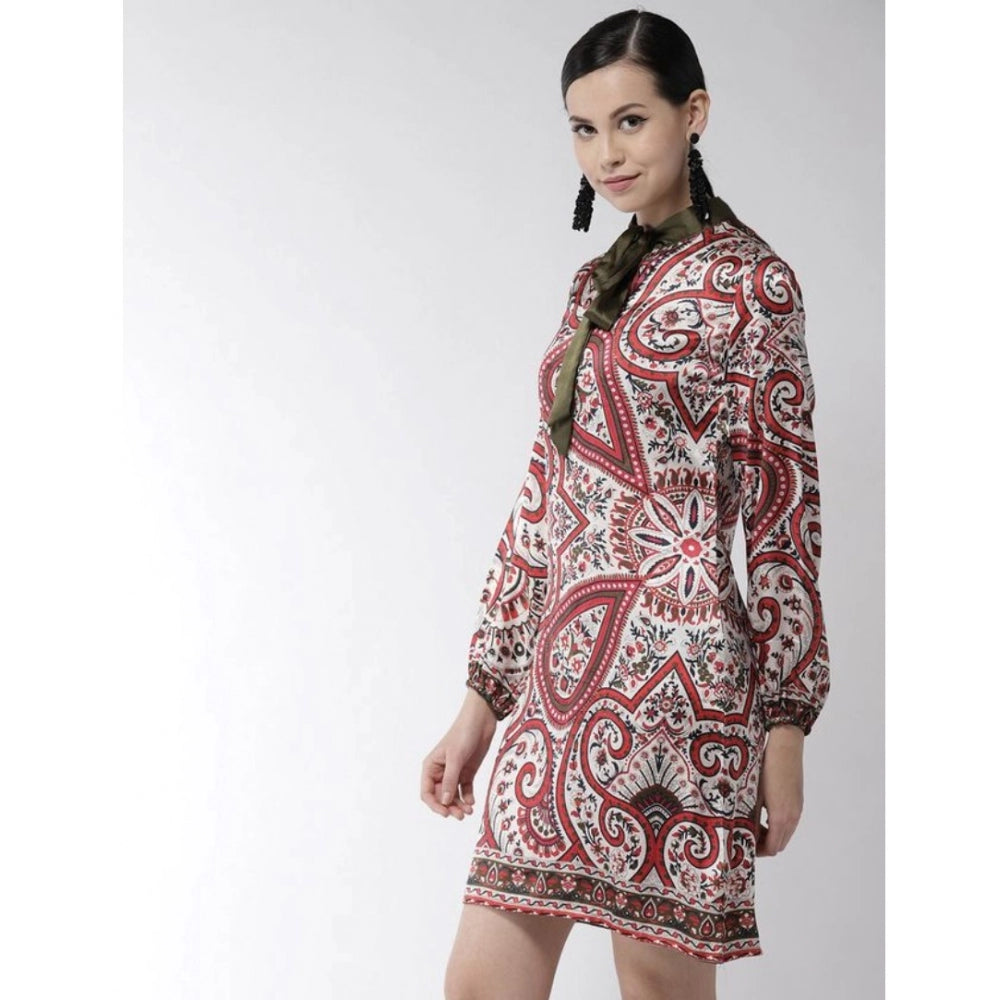 Amfyn Women's Polyester Printed Long Sleeves Above Knee Dress (Red)