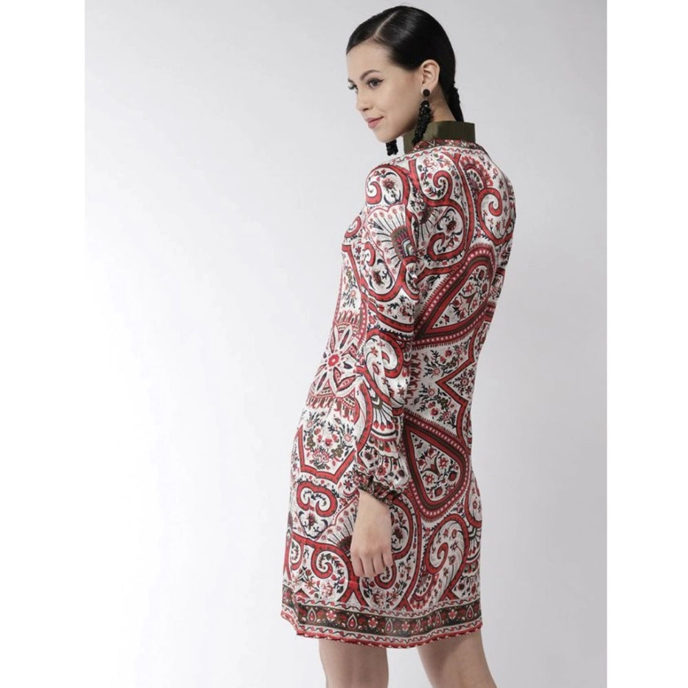 Amfyn Women's Polyester Printed Long Sleeves Above Knee Dress (Red)