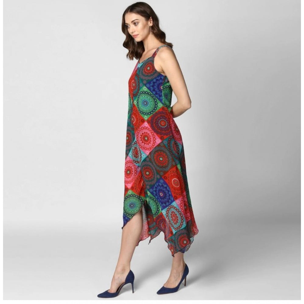 Amfyn Women's Polyester Asymmetrical Shoulder Straps Knee-Length Dress (Multicolor)