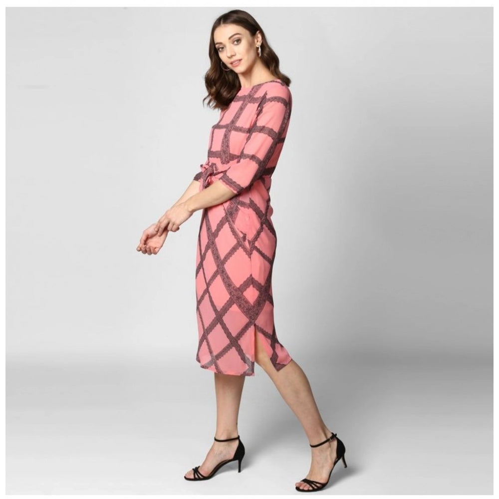 Amfyn Women's Polyester Checkered 3-4th Sleeves Below Knee Dress (Pink - Black)